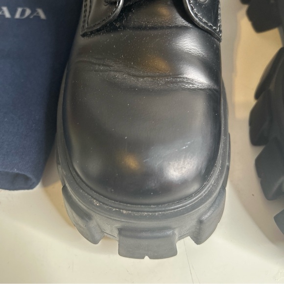 Prada Black Monolith Leather and Re-Nylon Pouch Combat Boots Size 6 - Picture 6 of 16